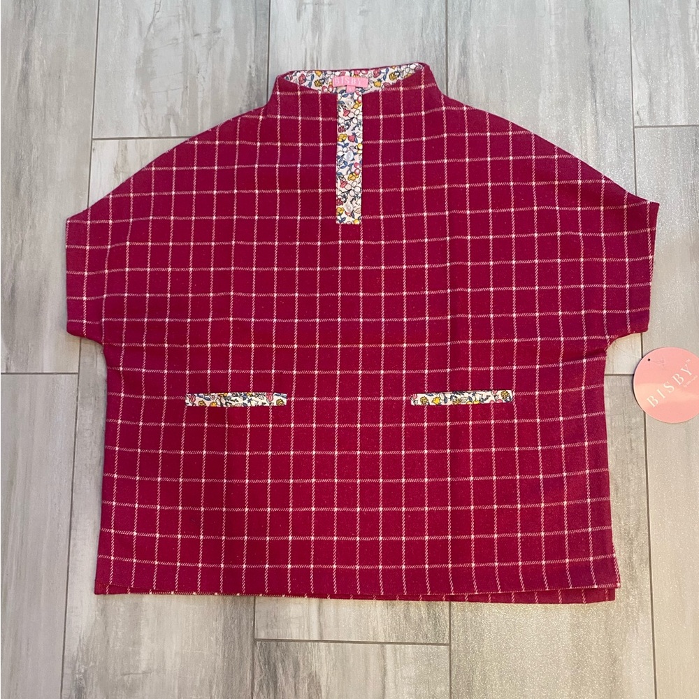 NWT Bisby Magenta Bougainvillea Windowpane Wool Blend Tweed Cape, girls L (10)